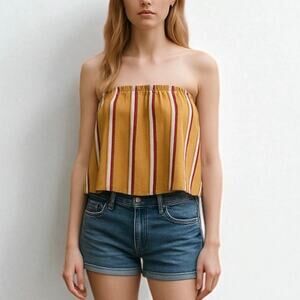 2/$15 American Eagle Linen Blend Striped Strapless Tank Top Tan Yellow Size L